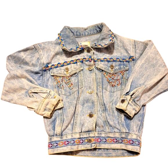 Vtg EJ Gitanoe Kids Beaded & Embroidered Denim Jacket Size 7 Cute - Picture 1 of 8